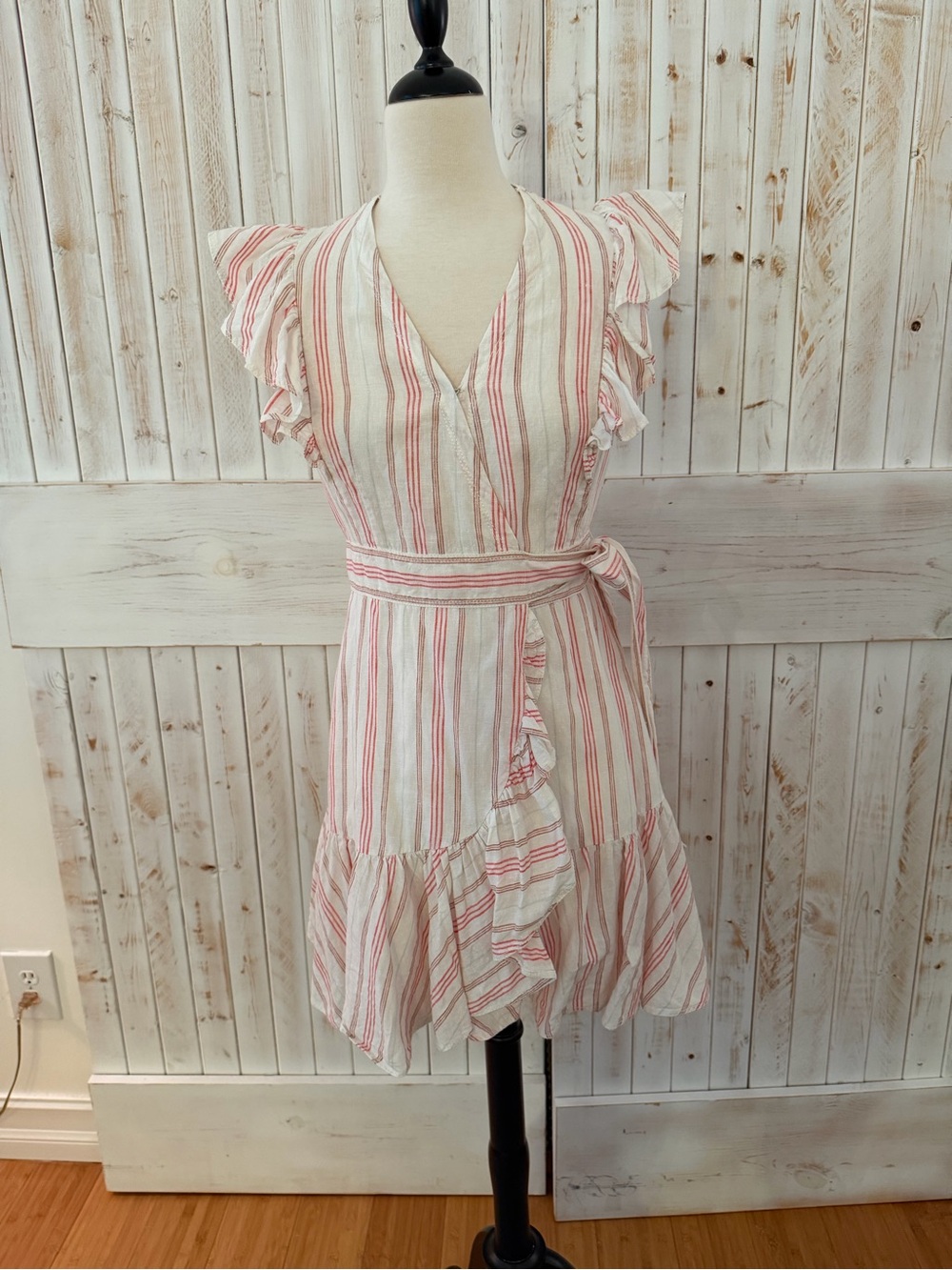 Rebecca Taylor Pink and White Striped Ruffle Wrap Mini Dress